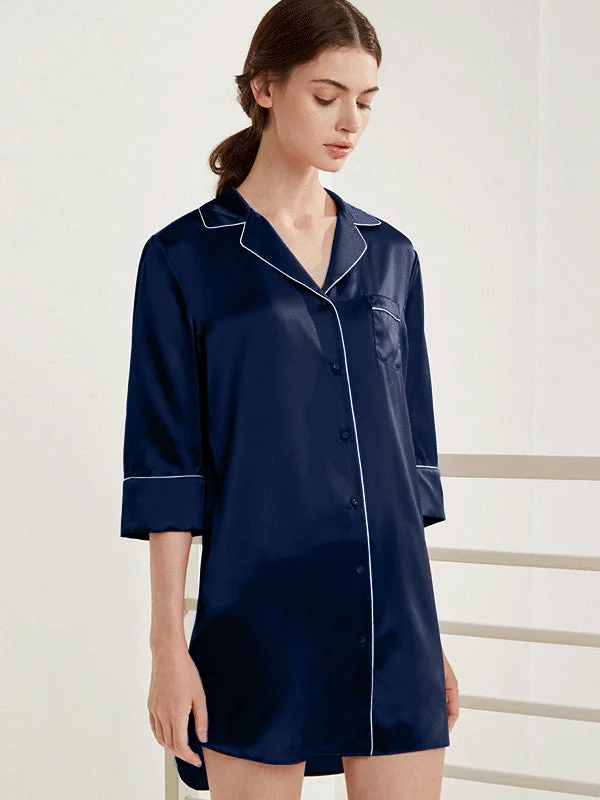 women's pajamas for cold weatherBoyfriend Style Silk Sleep Shirt Notched Collar