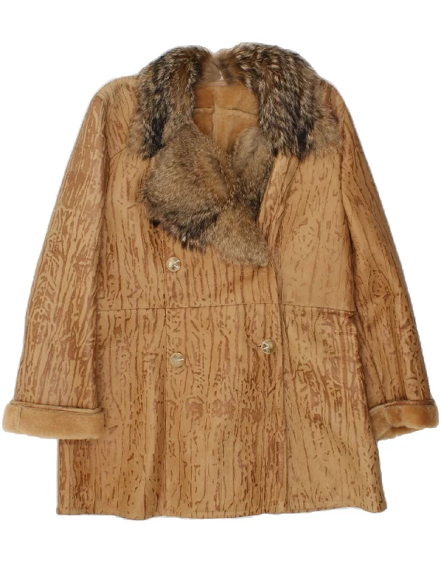 Women's Coats with Fur Trimmed PocketsVINTAGE Womens Shearling Coat UK 12 Medium Brown Animal Print Leather