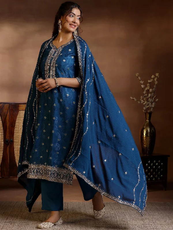 Women's Jumpsuits with Keyhole NeckTeal Woven Design Silk Blend Straight Suit With Dupatta