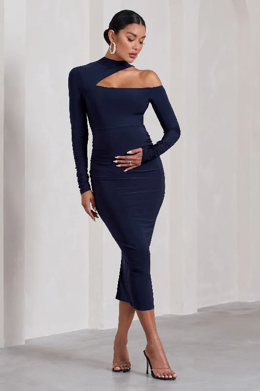 Women's Cold-Shoulder DressesJust Dream | Navy Asymmetric High-Neck Cut-Out Maternity Midi Dress