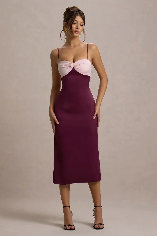 Women's Low Collar DressesAndretti | Burgundy & Pink Satin Strappy Midi Dress