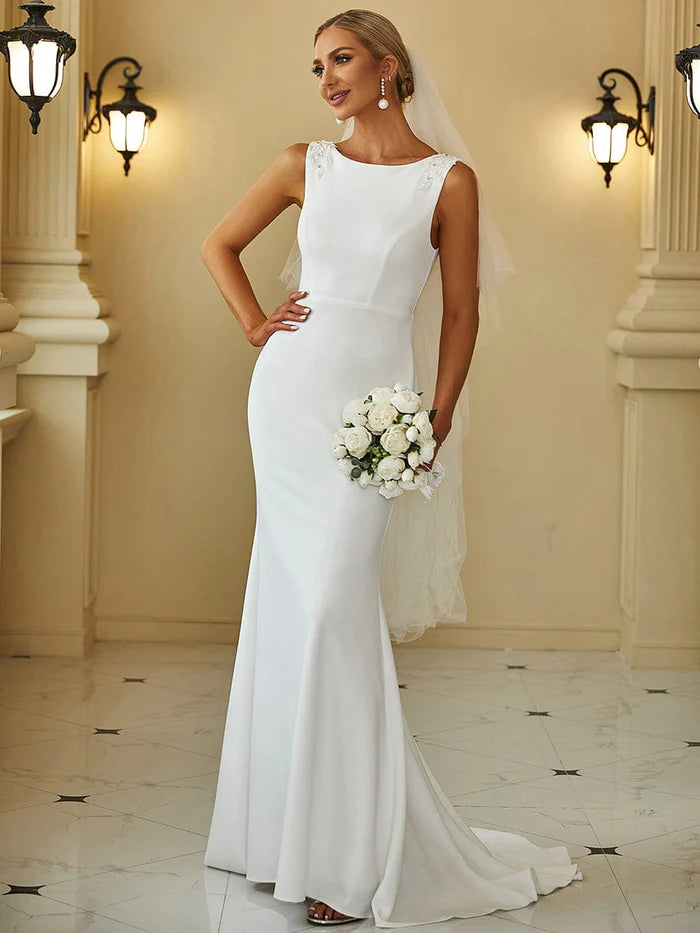 Women's Boat-Neck DressesBodycon Sleeveless High Neck Low Back Fishtail Wedding Dress