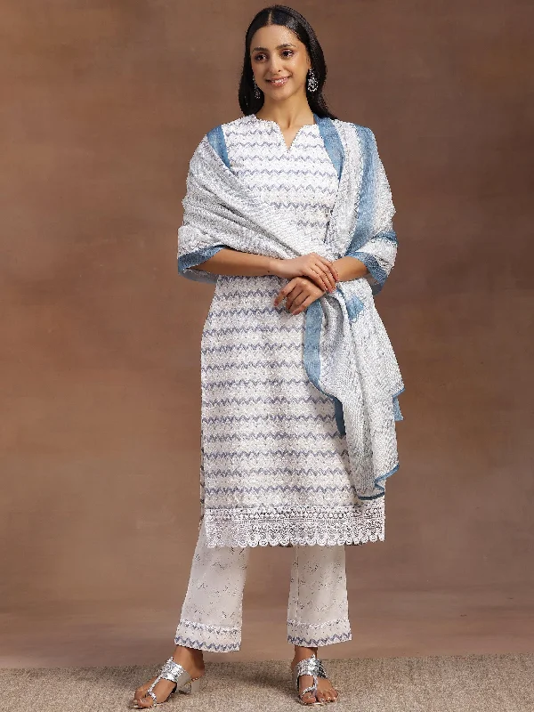 Women's Jumpsuits with Square NeckOff White Embroidered Cotton Blend Straight Suit With Dupatta