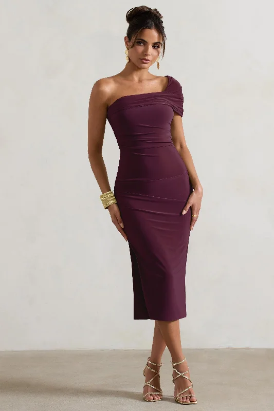 Women's Rounded-Neck DressesHawaii | Plum Asymmetric One-Shoulder Split Midi Dress