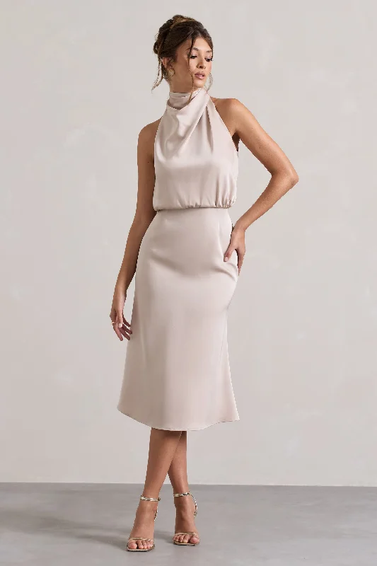 Women's Low Collar DressesGeena | Champagne Satin Twisted High-Neck Midi Dress