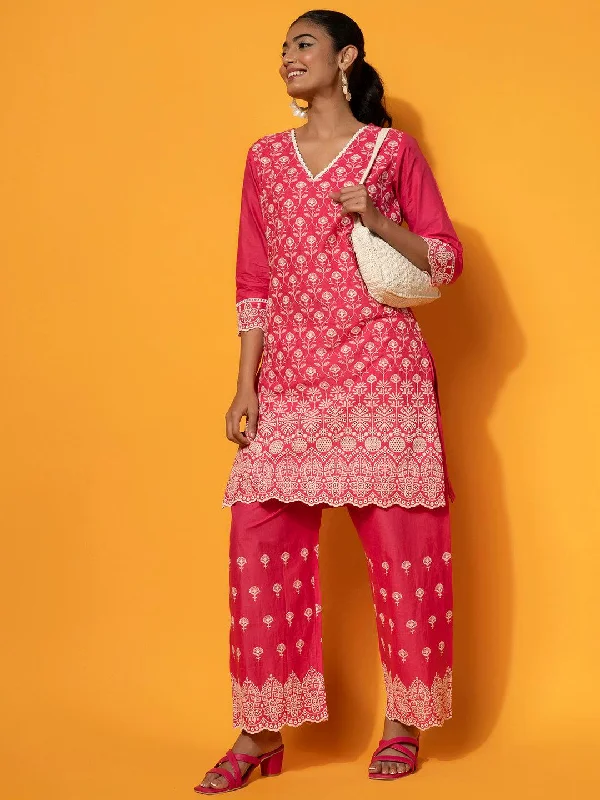 Women's Jumpsuits with Notched CollarPink Embroidered Cotton Co-Ords