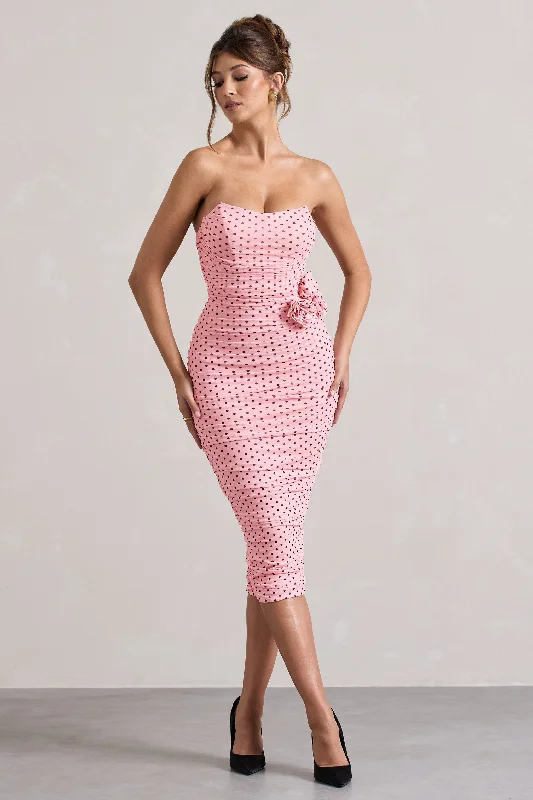 Women's Sweetheart-Back DressesLille | Pink Polka Dot Ruched Mesh Strapless Midi Dress With Corsage