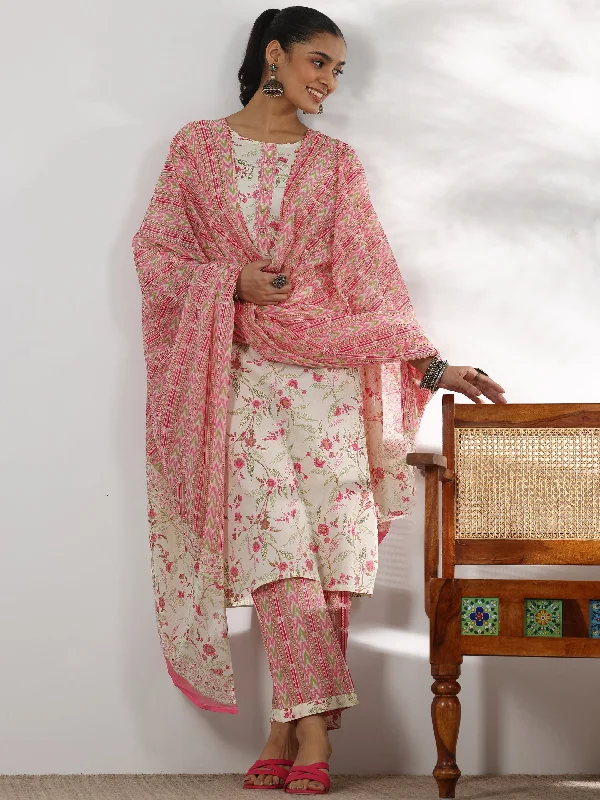 Women's Jumpsuits with U-Shaped NeckOff White Printed Cotton Straight Suit With Dupatta