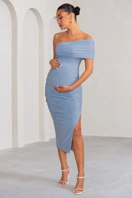 Women's Keyhole Collar DressesOdelia | Powder Blue Maternity Midi Dress with Asymmetric Sleeve and Side Split