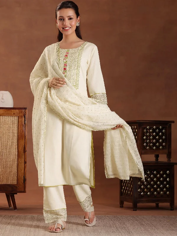 Women's Jumpsuits with Shirt CollarOff White Yoke Design Cotton Straight Suit With Dupatta