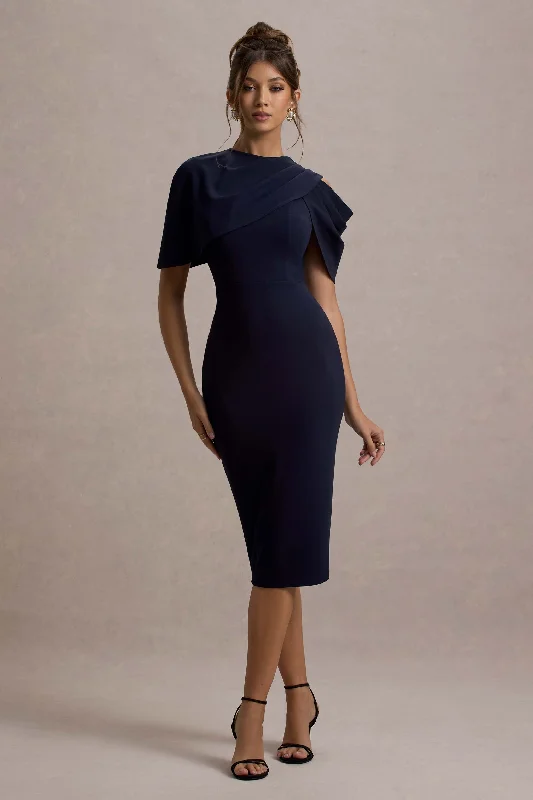 Women's Bell-Sleeve DressesDorothea | Navy Draped Midi Dress With Cape