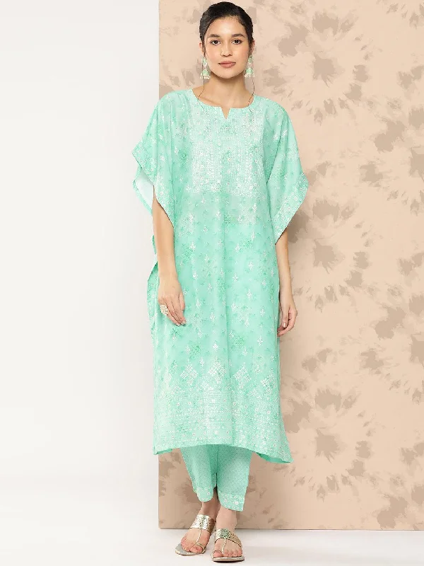 Women's Jumpsuits with Boat CollarSea Green Printed Silk Blend Kaftan Kurta With Trousers