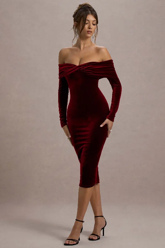 Women's V-Shaped Collar DressesCompliment | Berry Velvet Bardot Midi Dress