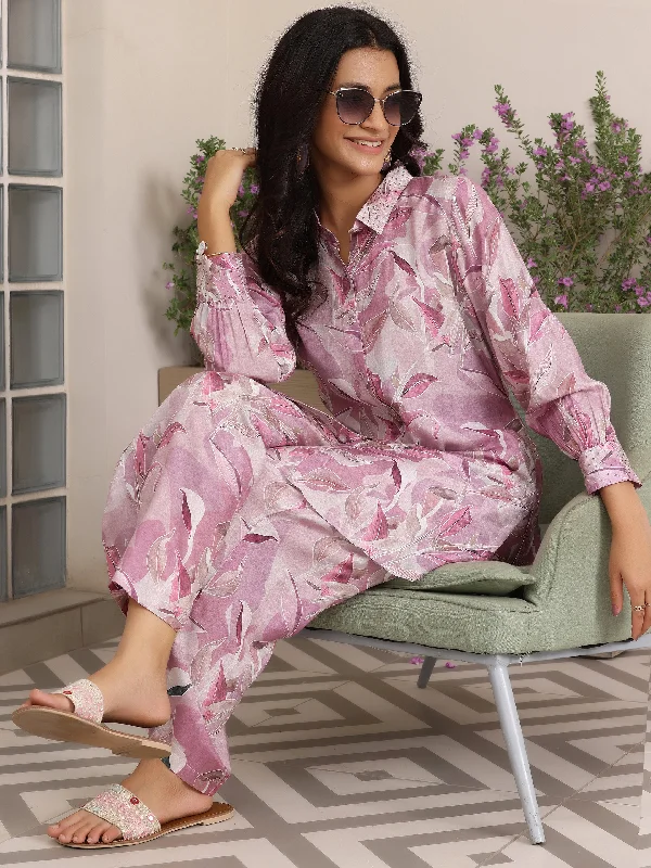 Women's Jumpsuits with ZipperLavender Printed Silk Blend Co-Ords