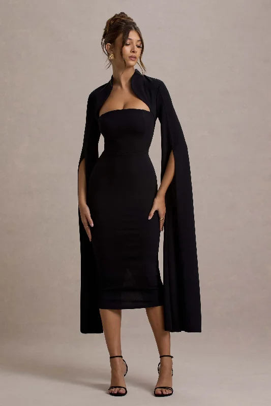 Women's Narrow Collar DressesLinden | Black Bodycon Cape-Sleeve Midi Dress