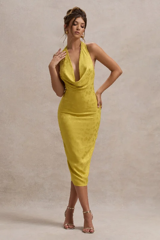 Women's Ruffled DressesMaciza | Mustard Satin Jacquard Cowl-Neck Midi Dress