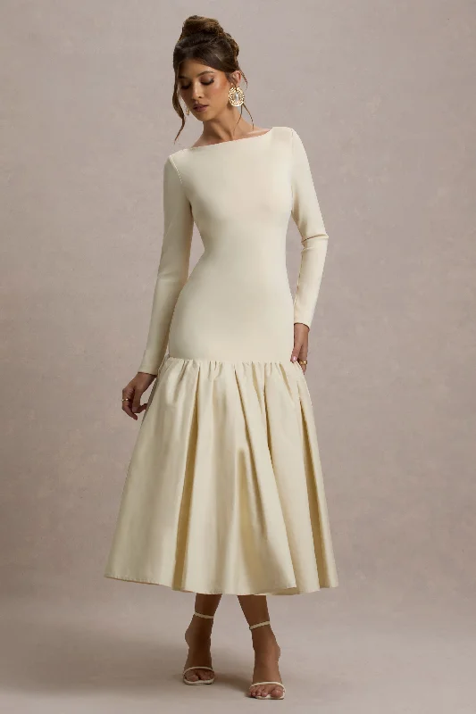 Women's Boat Collar DressesPerpetua | Cream Drop-Waist Midi Dress With Volume Skirt