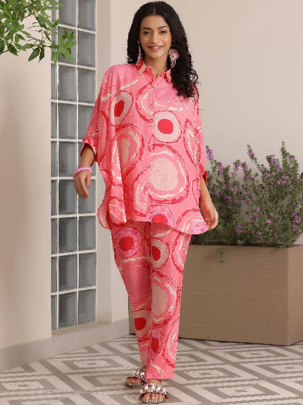 Women's Jumpsuits with Wide CollarPink Printed Silk Blend Co-Ords