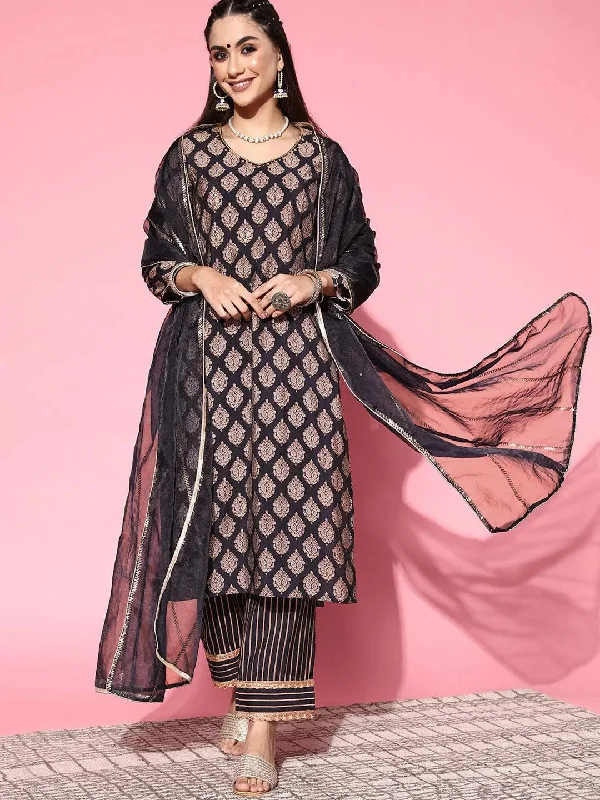 Women's Jumpsuits with Full LengthNavy Blue Printed Silk Blend Straight Kurta With Palazzos & Dupatta