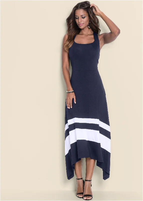 Women's Lapel Collar DressesColor Block Maxi Dress - Navy & White