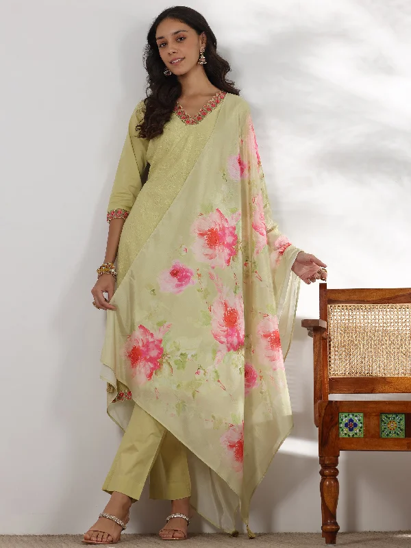 Women's Jumpsuits with V-Shaped HemGreen Embroidered Cotton Straight Suit With Dupatta