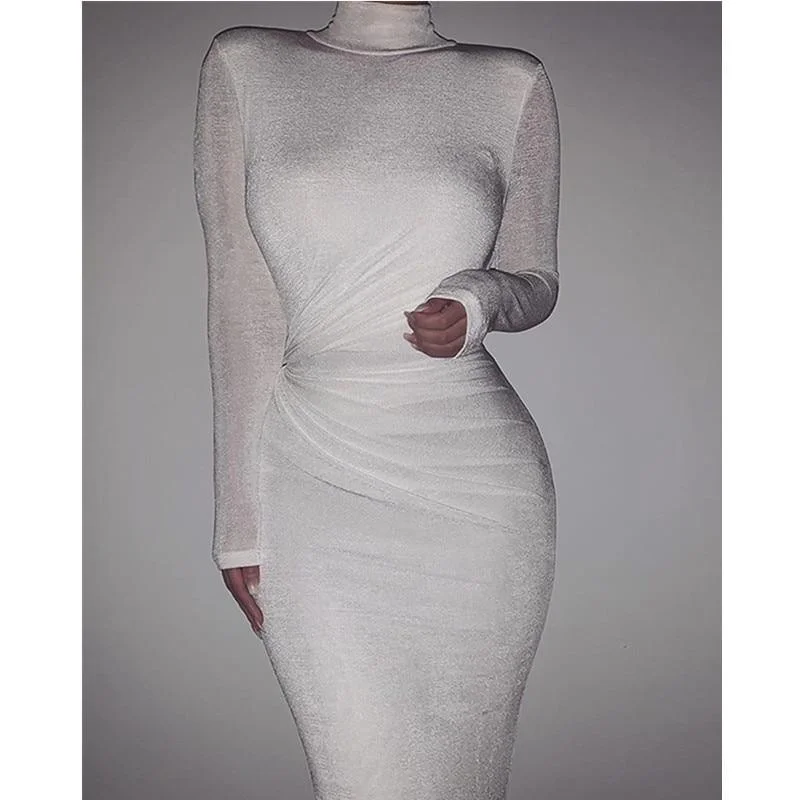 Women's Square-Neck DressesFashionSierra - Women Long Sleeve Solid High Neck Bodycon Dress high waist slim ankle length sheath OL work dress