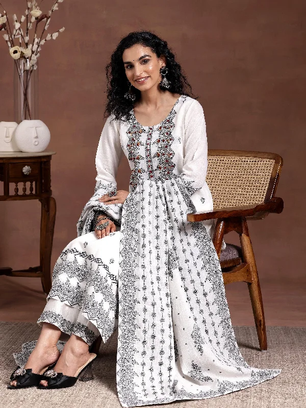 Women's Jumpsuits with Peter Pan CollarWhite Woven Design Linen Straight Suit With Dupatta