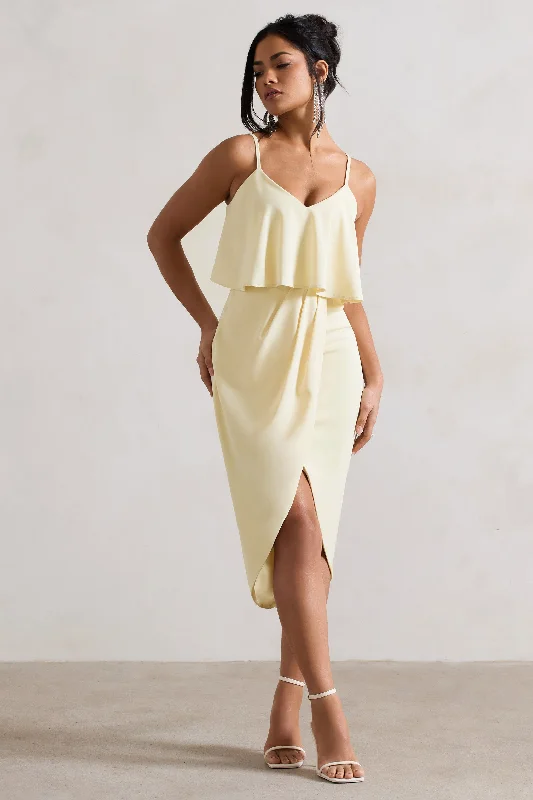 Women's Lapel Collar DressesFaro | Lemon Strappy Draped-Neck Wrap Midi Dress