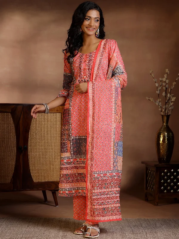 Women's Jumpsuits with Square CollarMulticoloured Printed Linen Straight Suit With Dupatta