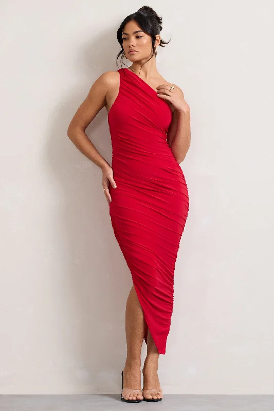 Women's Strapless DressesDorit | Red One Shoulder Asymmetric Ruched Midi Dress