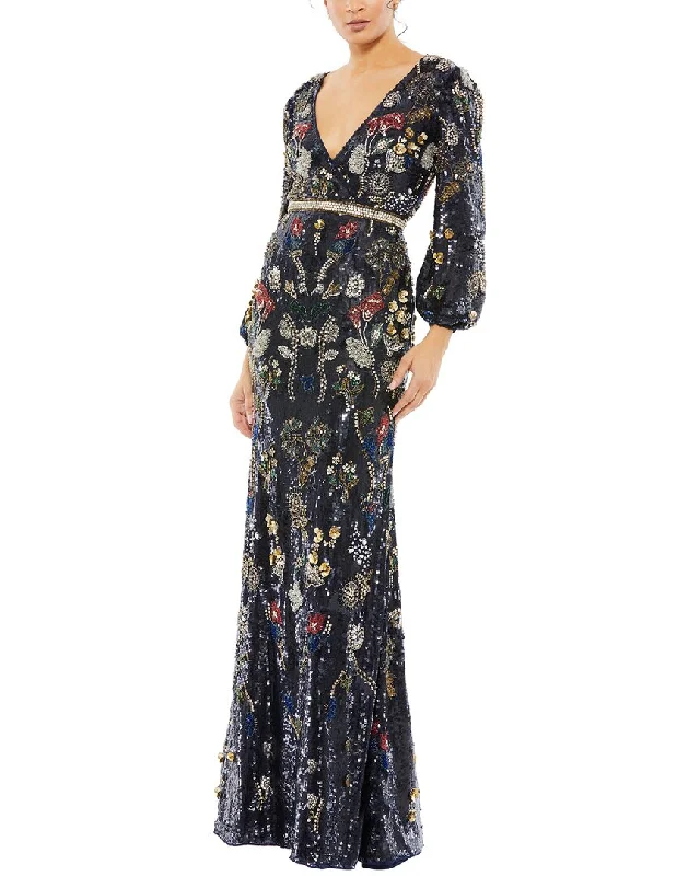 Women's Keyhole-Neck DressesMac Duggal Embellished Wrap Over Bishop Sleeve Gown