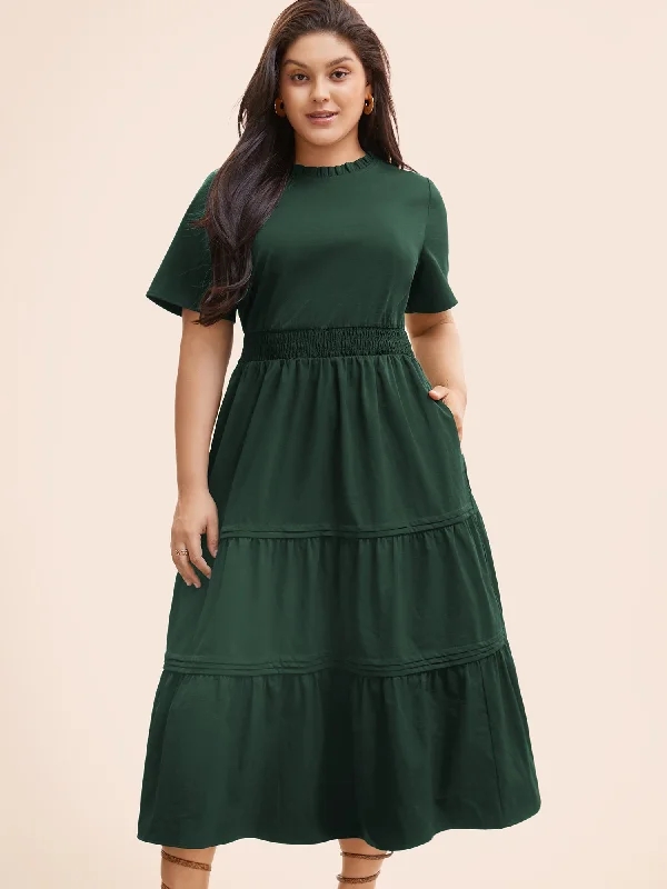 Women's Boat-Back DressesPlain Frill Trim Ruffle Layered Hem Dress