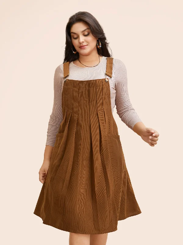 Women's Boat-Neck DressesSolid Corduroy Pleated Overall Dress