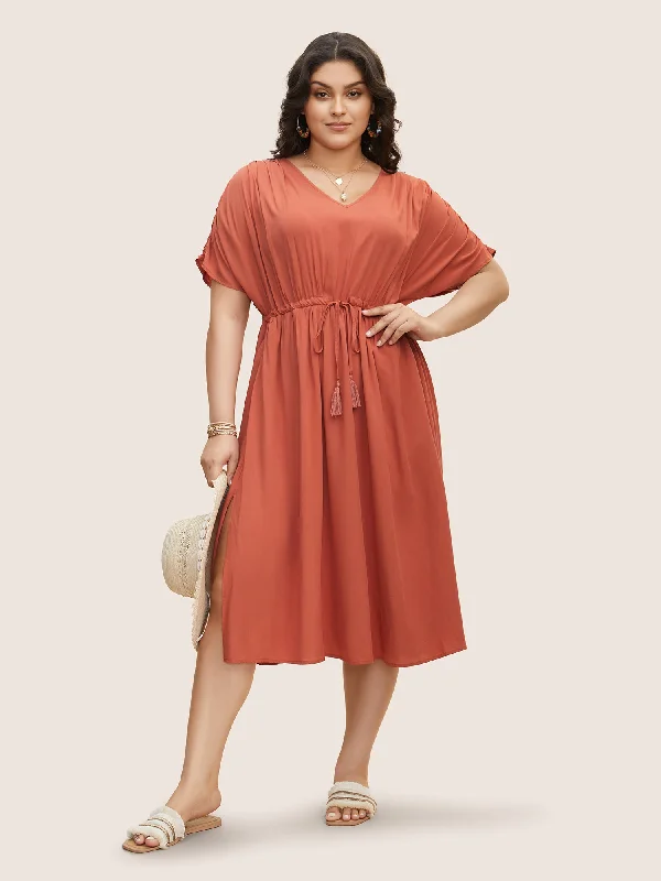 Women's Collarless DressesSolid Drawstring Gathered Dolman Sleeve Dress