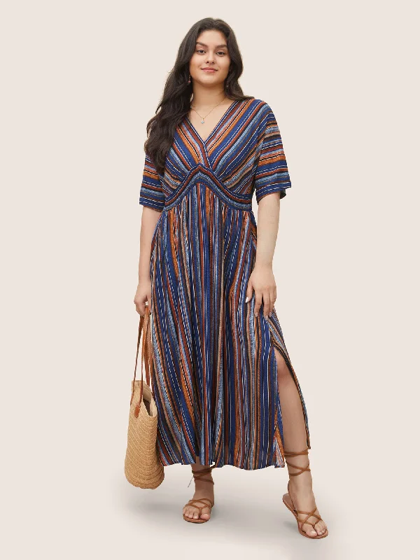 Women's Tiered DressesStriped Contrast Dolman Sleeve Shirred Pocket Split Flutter Dress