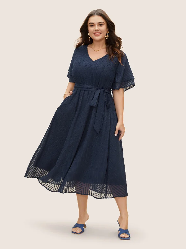 Women's Boat-Neck DressesTexture Tiered Ruffle Sleeve See Through Dress