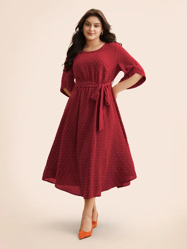 Women's Long-Sleeve DressesTextured Bell Sleeve Belted Arc Hem Dress