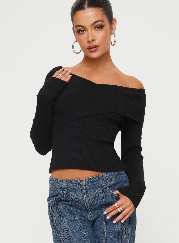 Women's Blouse with U-Shaped CollarNolia Long Sleeve Top Black