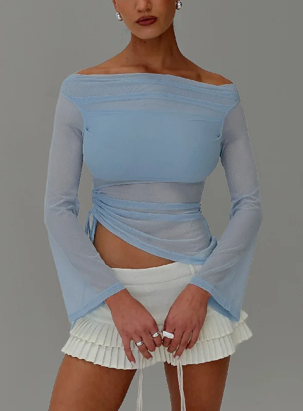 Women's Blouse with Shawl CollarTelescopic Off Shoulder Top Blue