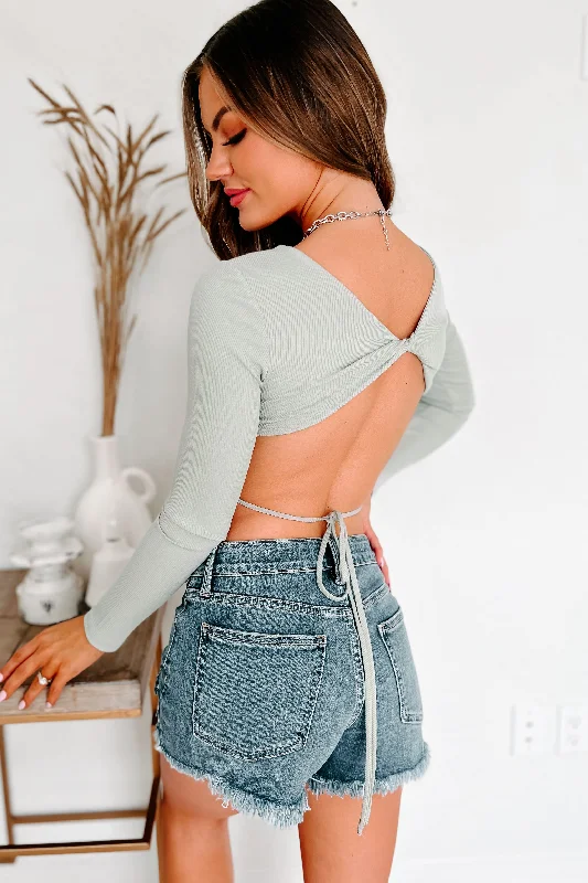 Women's Blouse with Sweetheart CollarUnfiltered Emotions Ribbed Open Back Crop Top (Desert Sage)