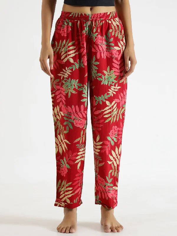 women's pajamas for all-night comfortRed Floral Printed Pure Cotton Lounge Pants