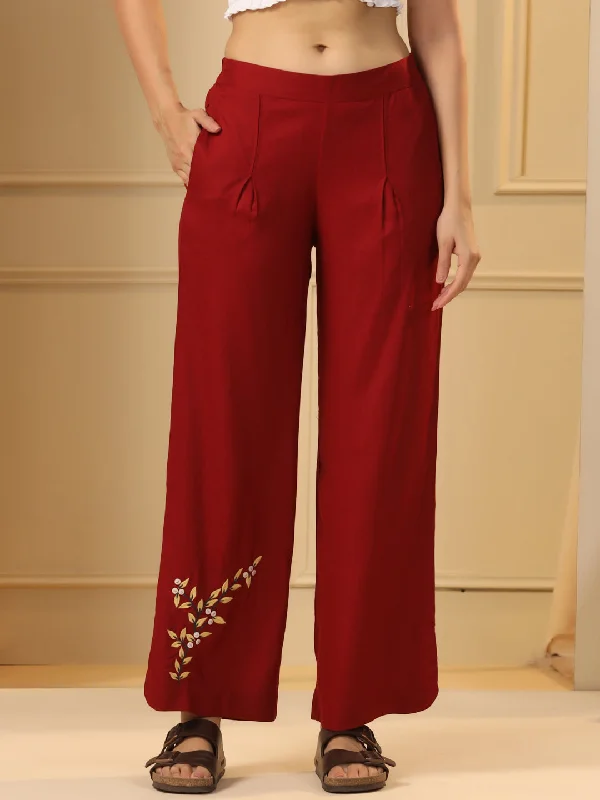 women's pajamas in solid colorsMaroon Floral Printed Straight Fit Parallel Trousers