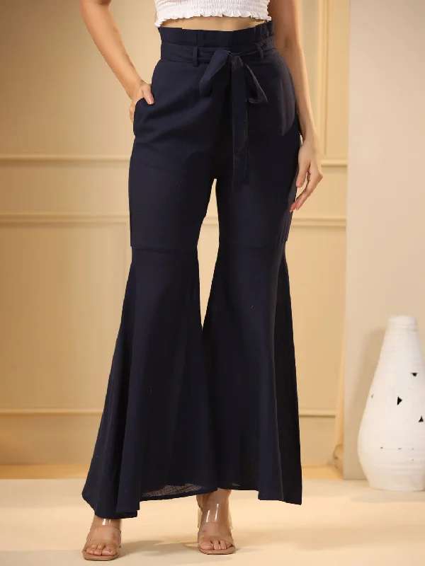 women's pajamas for winter warmthNavy Blue Flared Pure Cotton Trousers