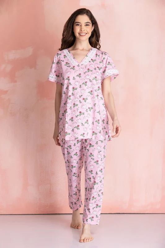 women's pajamas with a fitted designFloral Knit cotton Night suit