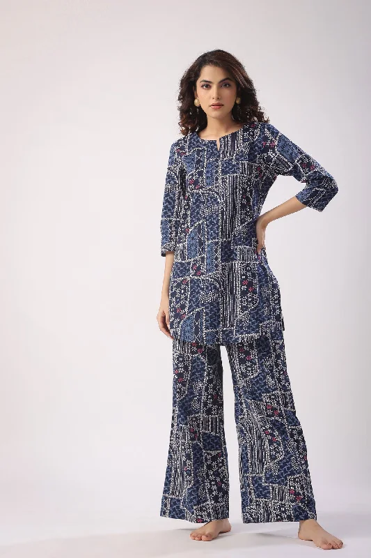 women's pajamas for those who love to stay in and relaxDoodle Art on Blue Palazzo Loungewear Set