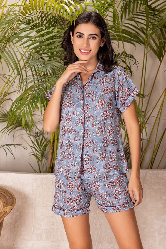 women's pajamas with a subtle shimmerFloral rayon collar sleep suit