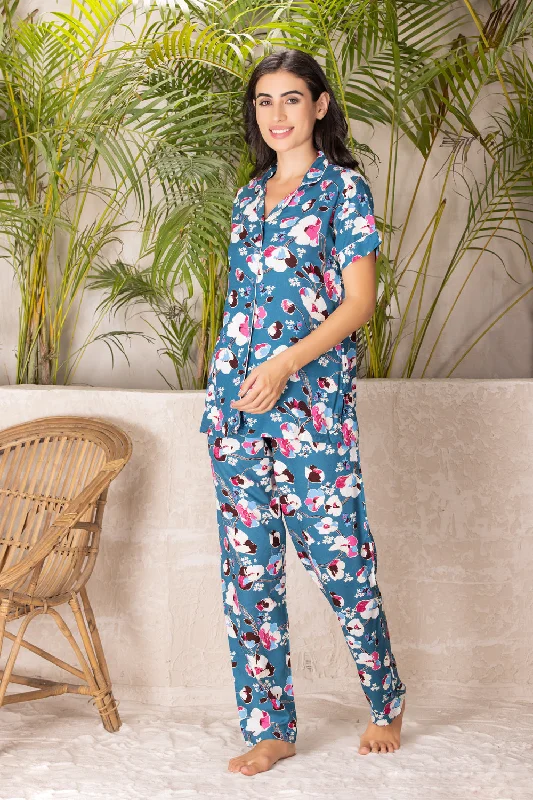 women's pajamas with an elasticized cuffsFloral rayon night suit