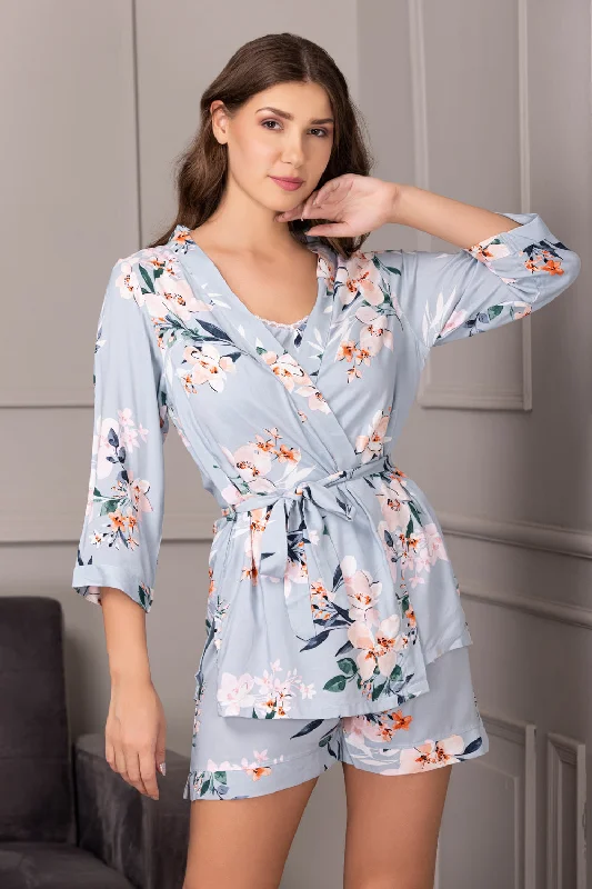 women's pajamas for bed and breakfast staysFloral Satin Night suit with Robe