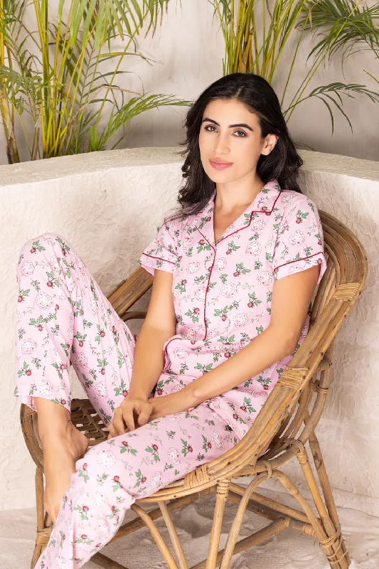 women's pajamas with pockets on the chestFloral Print Classic collar pj set