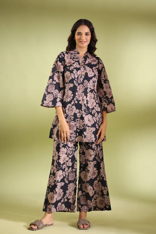 women's pajamas for movie nightsNightingale Black Cotton Palazzo Loungewear Set